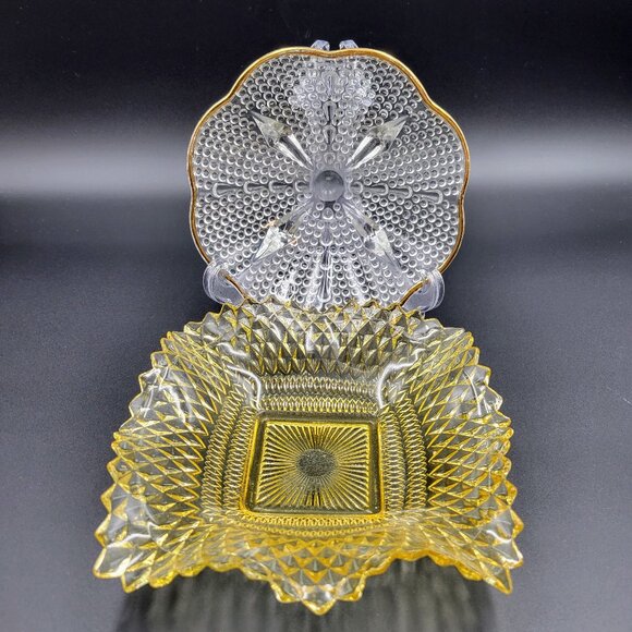 Serving Dishes Round Footed Square Clear Gold Yellow Glass Kitchen Candy Server - Picture 2 of 13